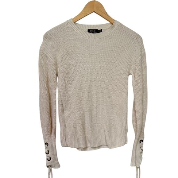 Polo by Ralph Lauren Cream Ribbed Long Sleeve Crewneck Lace Up Cuff Sweater XS - Picture 1 of 4